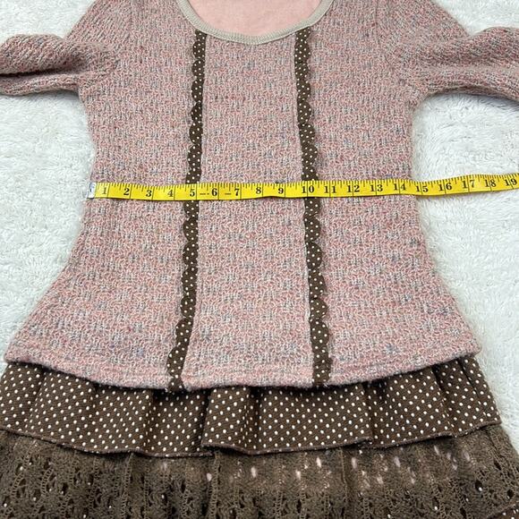 Tian Xin Ny Hai Pink brown polka dot ruffled drop waist sweater dress, size med - Picture 6 of 9